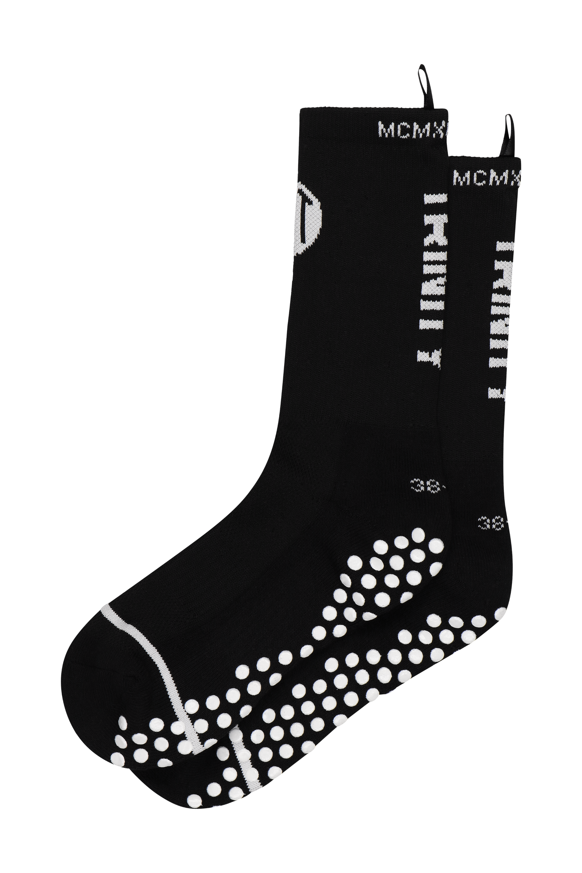 Black anti-slip grip socks by TRINITY, featuring a sleek design with dotted grip patterns for enhanced stability and comfort, perfect for various sports like running, football, padel, and gym workouts.