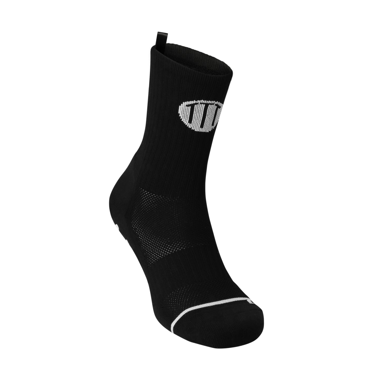 Black anti-slip grip socks by TRINITY, featuring a sleek design with dotted grip patterns for enhanced stability and comfort, perfect for various sports like running, football, padel, pilates and gym workouts.