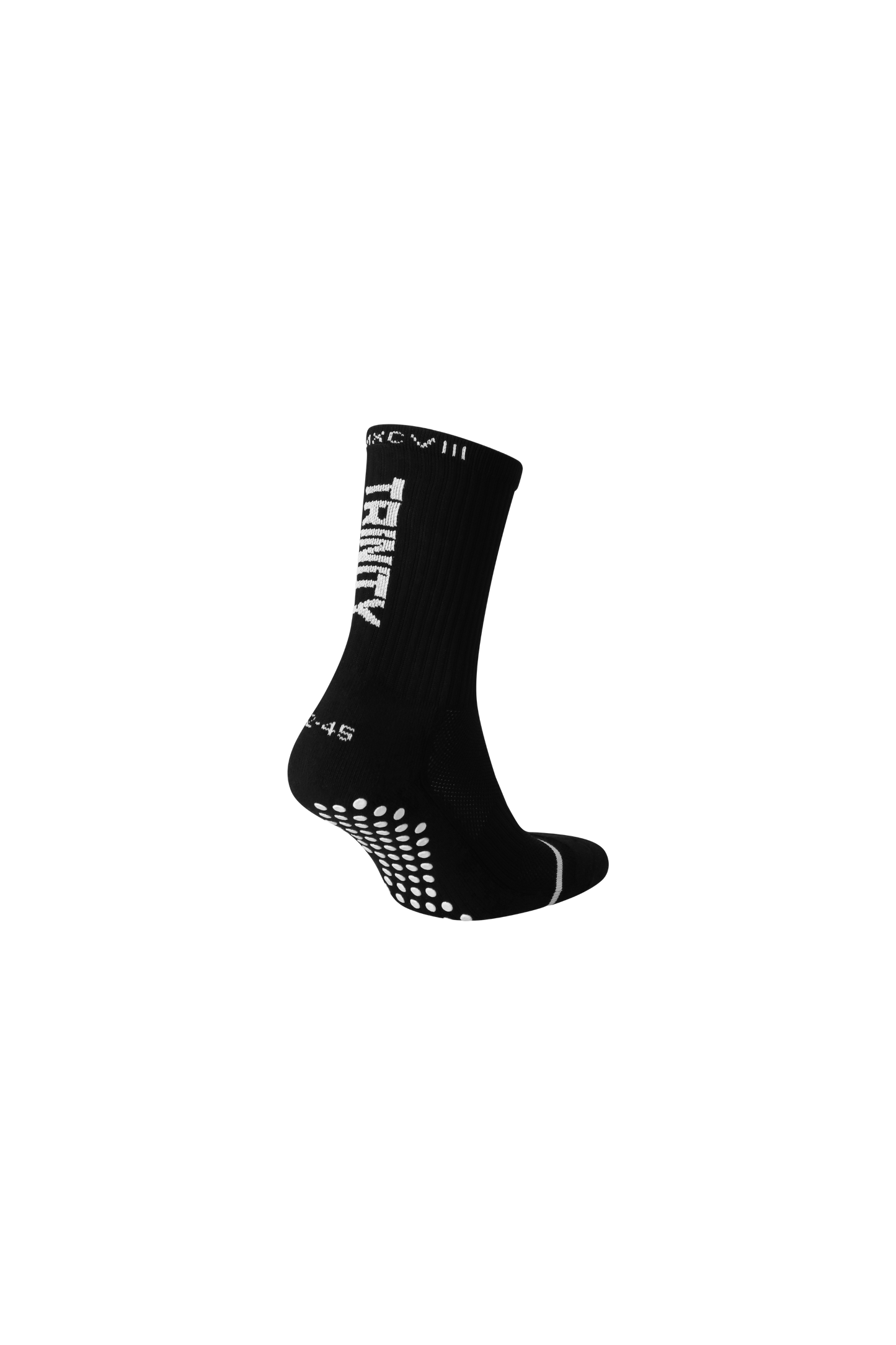 Black anti-slip grip socks by TRINITY, featuring a sleek design with dotted grip patterns for enhanced stability and comfort, perfect for various sports like running, football, padel, and gym workouts.