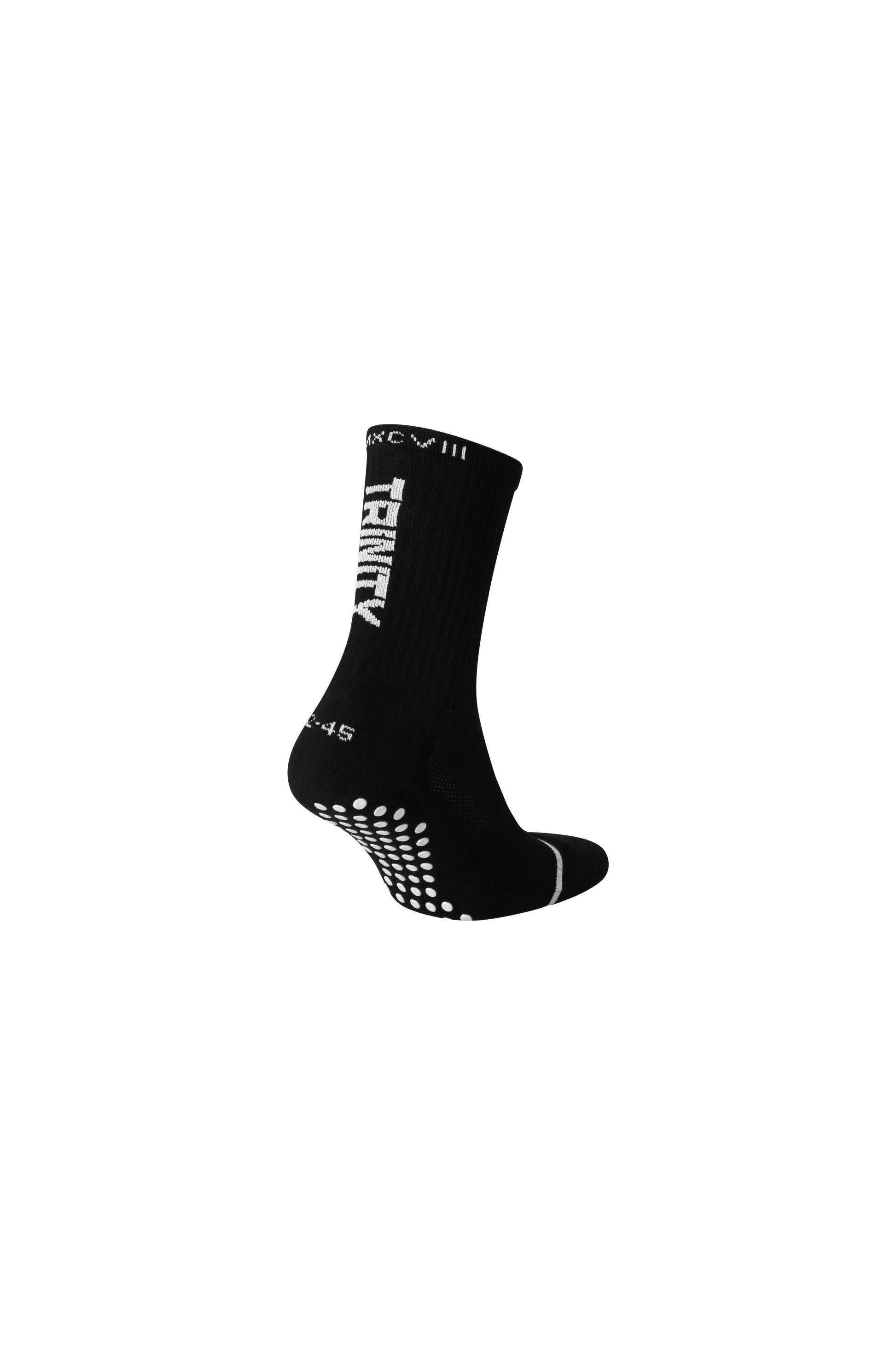 Black anti-slip grip socks by TRINITY, featuring a sleek design with dotted grip patterns for enhanced stability and comfort, perfect for various sports like running, football, padel, and gym workouts.