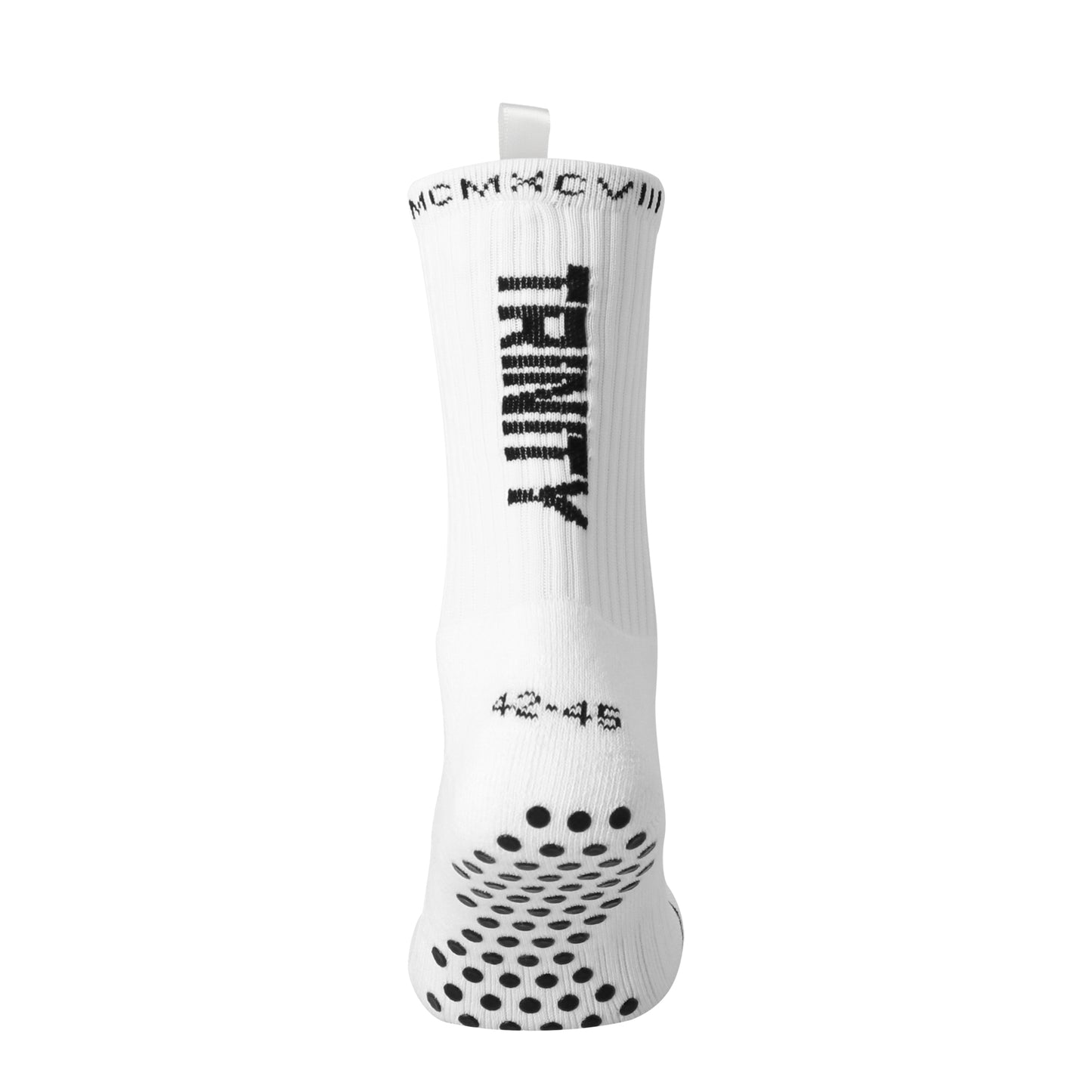 White anti-slip grip socks by TRINITY, featuring a sleek design with dotted grip patterns for enhanced stability and comfort, perfect for various sports like running, football, padel, pilates and gym workouts.