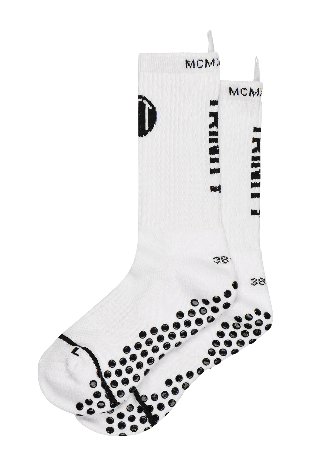 White anti-slip grip socks by TRINITY, featuring a sleek design with dotted grip patterns for enhanced stability and comfort, perfect for various sports like running, football, padel, pilates and gym workouts.