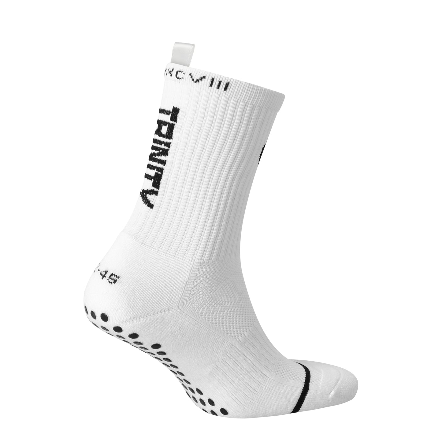 White anti-slip grip socks by TRINITY, featuring a sleek design with dotted grip patterns for enhanced stability and comfort, perfect for various sports like running, football, padel, pilates and gym workouts.