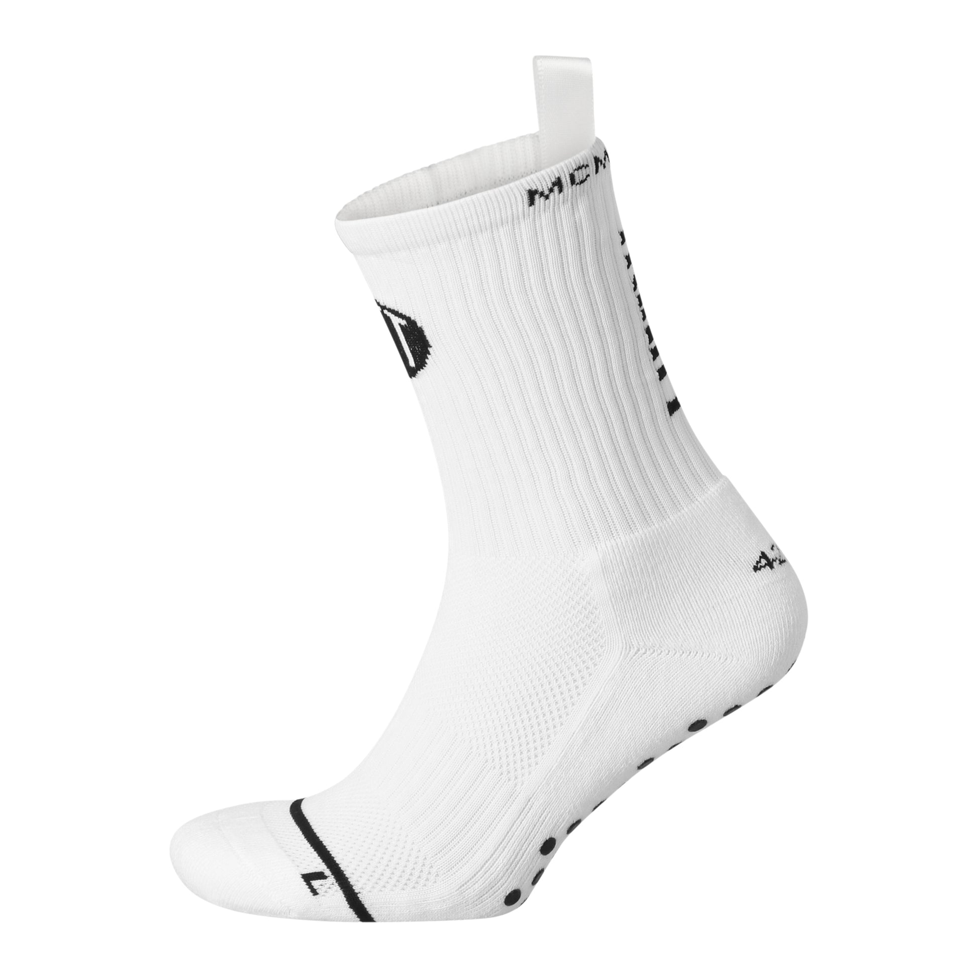 White anti-slip grip socks by TRINITY, featuring a sleek design with dotted grip patterns for enhanced stability and comfort, perfect for various sports like running, football, padel, pilates and gym workouts.