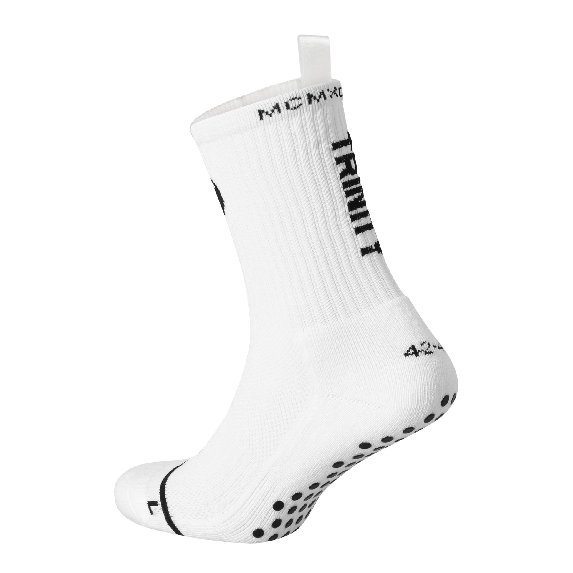 White anti-slip grip socks by TRINITY, featuring a sleek design with dotted grip patterns for enhanced stability and comfort, perfect for various sports like running, football, padel, pilates and gym workouts.